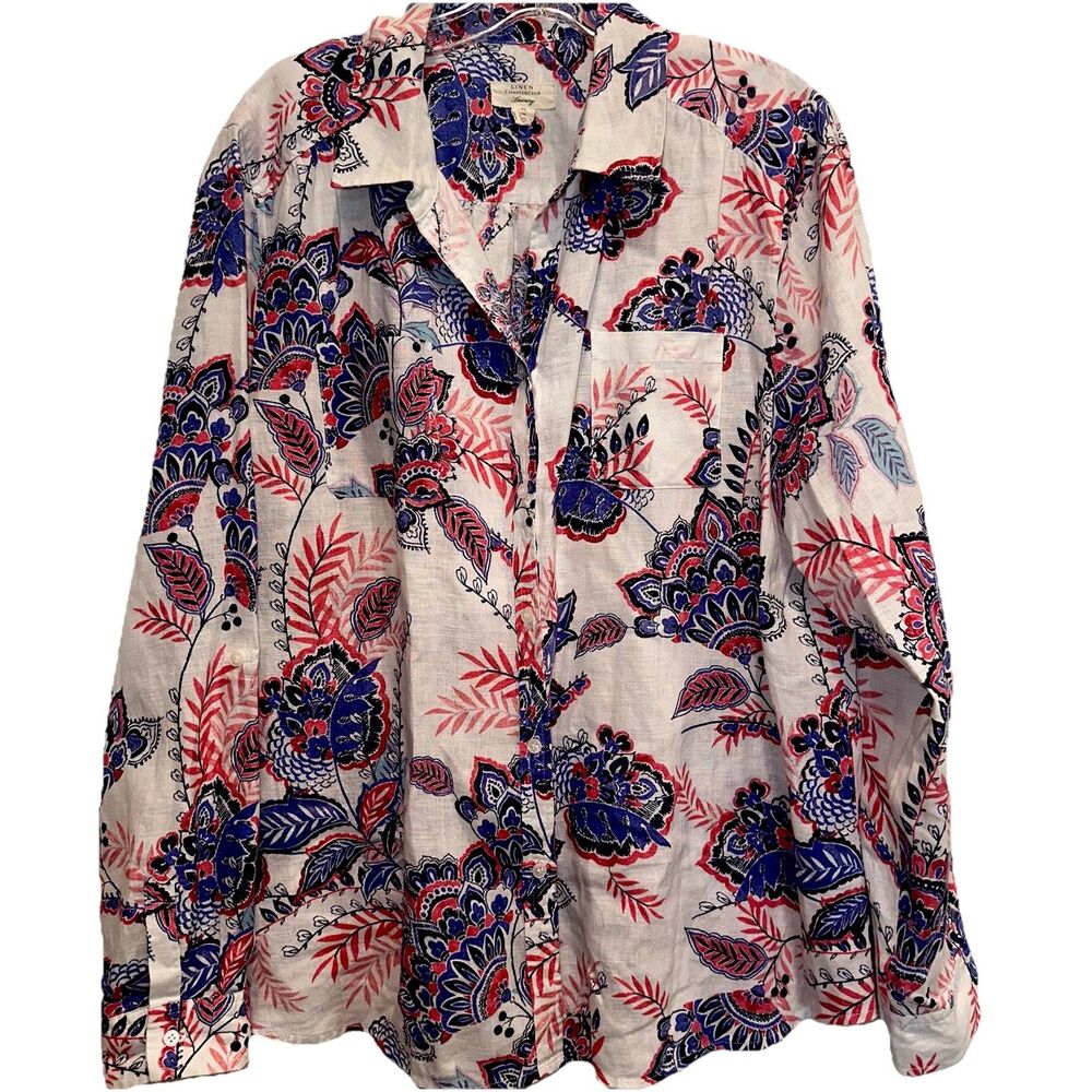 Charter Club XL Linen Women Long Sleeve Blouse Floral Paisley Resort Lightweight